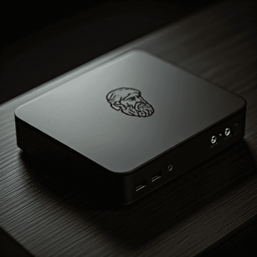 The Sókrates box — a matte-black mini-server with an etched philosopher emblem